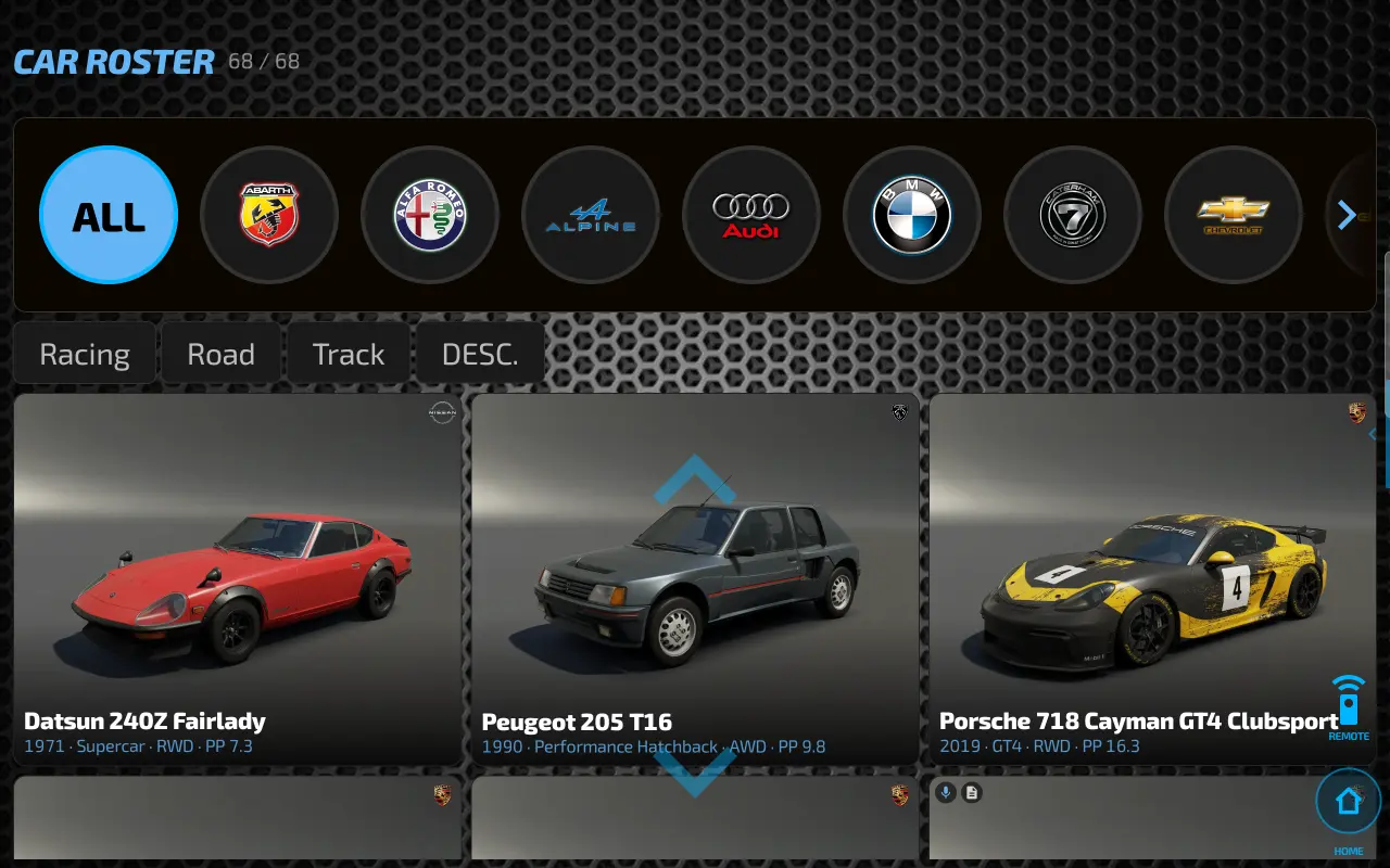 Car Roster screen