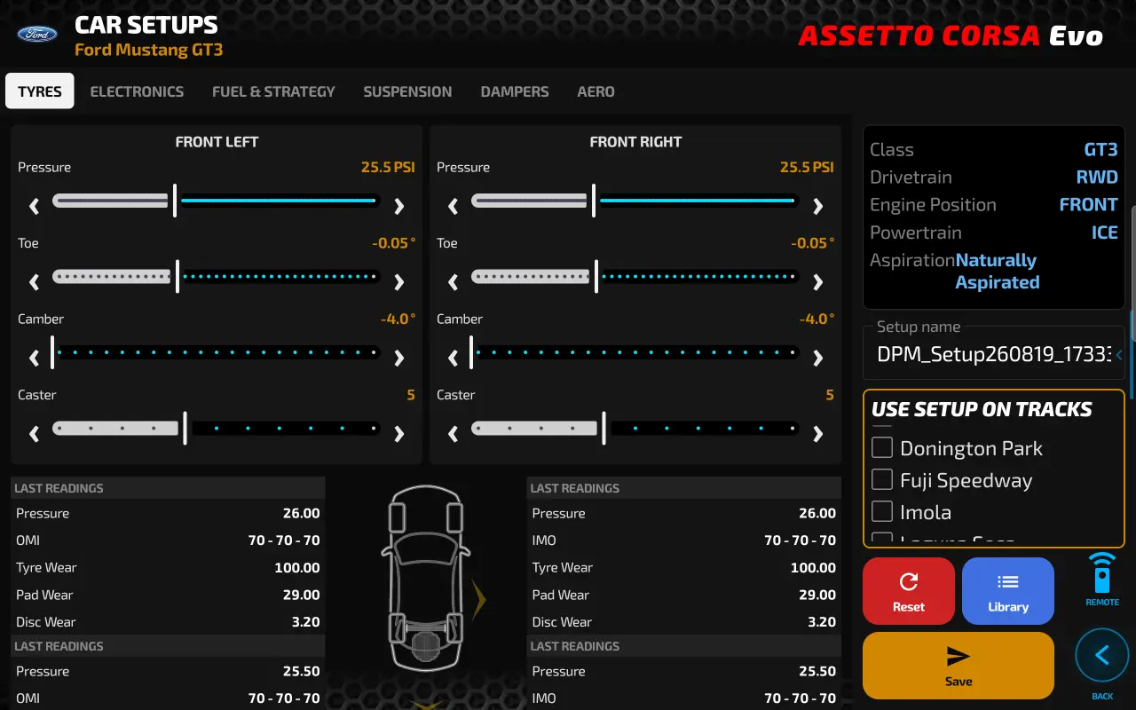 Car Setups — Assetto Corsa Evo setup editor with multi-track deploy
