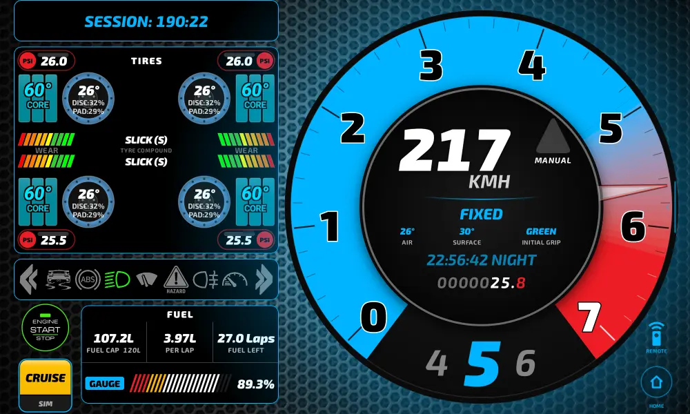 Dashboard — Cruise Mode with tyre carousel