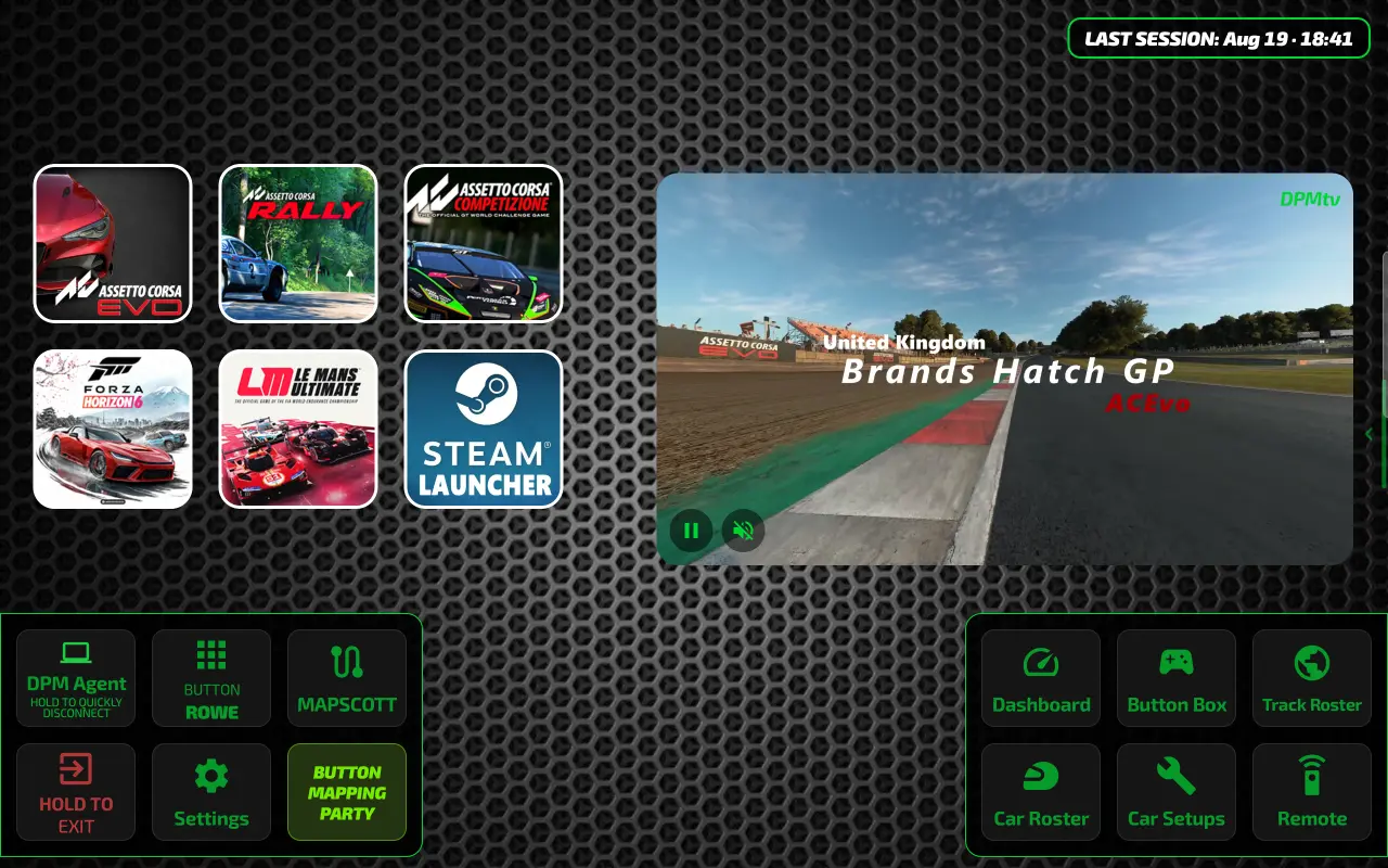 DPM home menu — game library, live camera preview, and quick actions